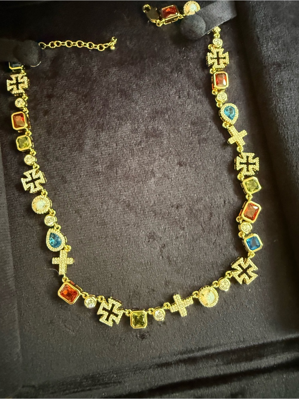 Gold Multicolor Gemstone Cross Charm Necklace - Women Jewelry